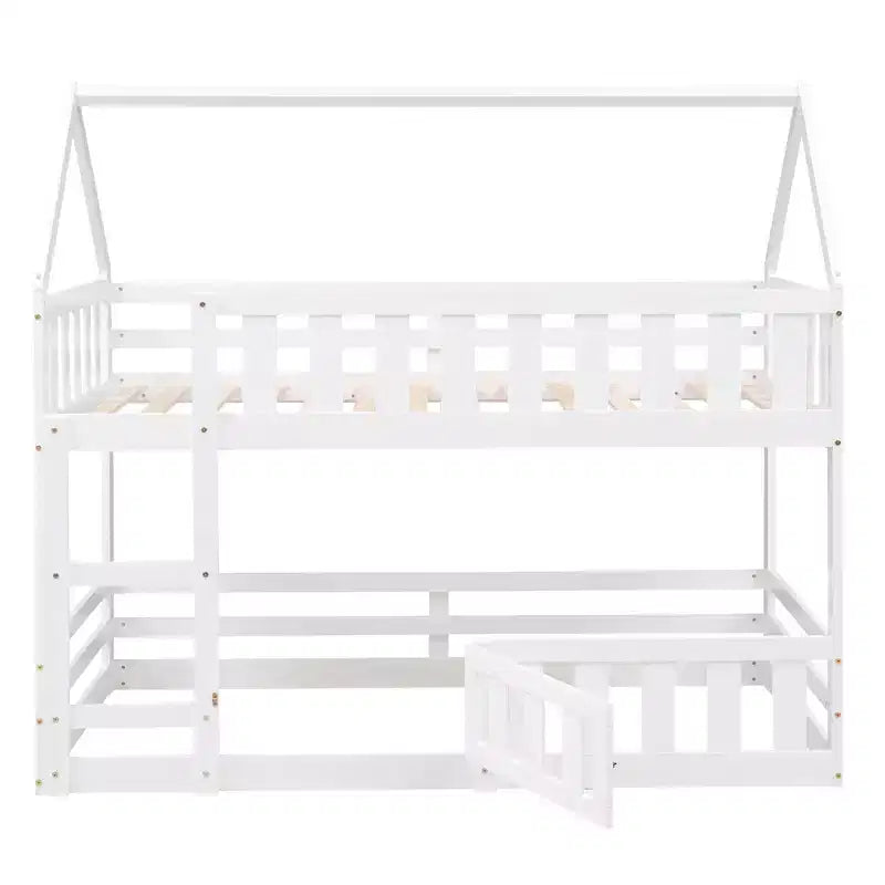 Whisen Wood Twin over Twin House-Shaped Bunk Bed with Fence with Door and Ladder