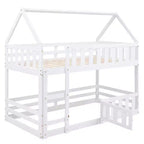 Whisen Wood Twin over Twin House-Shaped Bunk Bed with Fence with Door and Ladder