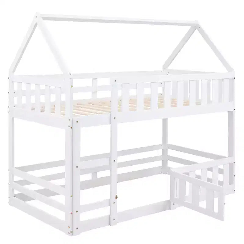 Whisen Wood Twin over Twin House-Shaped Bunk Bed with Fence with Door and Ladder