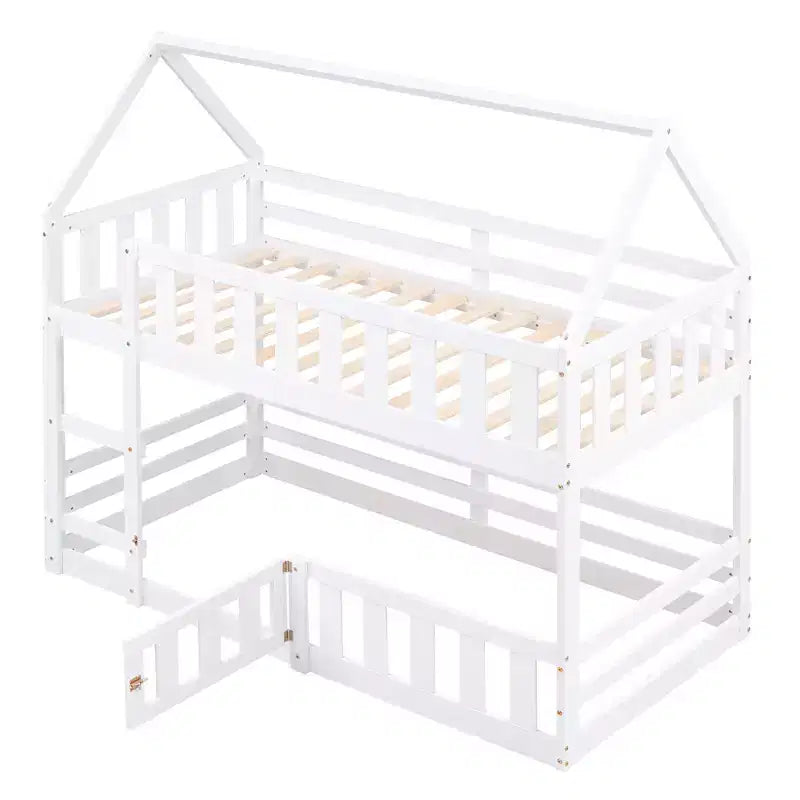 Whisen Wood Twin over Twin House-Shaped Bunk Bed with Fence with Door and Ladder