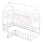 Whisen Wood Twin over Twin House-Shaped Bunk Bed with Fence with Door and Ladder