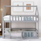 Whisen Wood Twin over Twin House-Shaped Bunk Bed with Fence with Door and Ladder