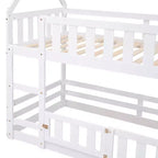 Whisen Wood Twin over Twin House-Shaped Bunk Bed with Fence with Door and Ladder