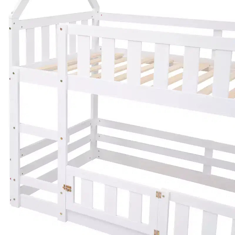 Whisen Wood Twin over Twin House-Shaped Bunk Bed with Fence with Door and Ladder