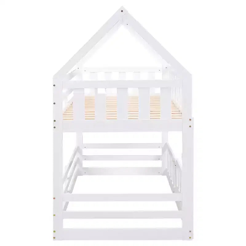 Whisen Wood Twin over Twin House-Shaped Bunk Bed with Fence with Door and Ladder