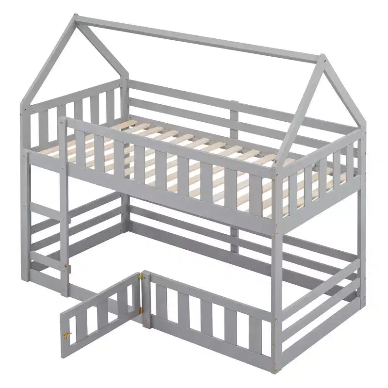 Whisen Wood Twin over Twin House-Shaped Bunk Bed with Fence with Door and Ladder
