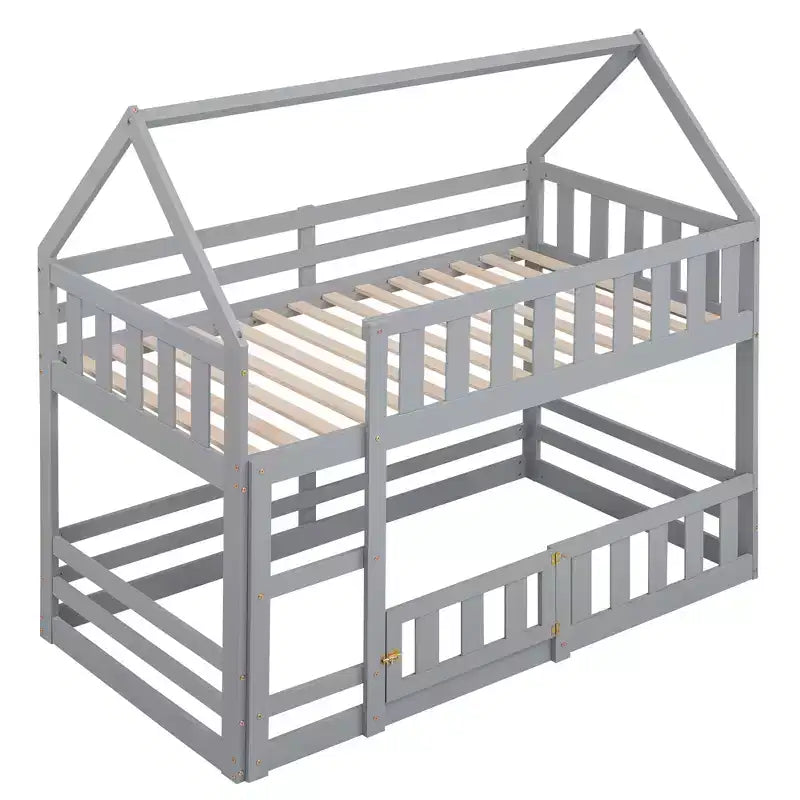 Whisen Wood Twin over Twin House-Shaped Bunk Bed with Fence with Door and Ladder