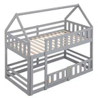 Whisen Wood Twin over Twin House-Shaped Bunk Bed with Fence with Door and Ladder