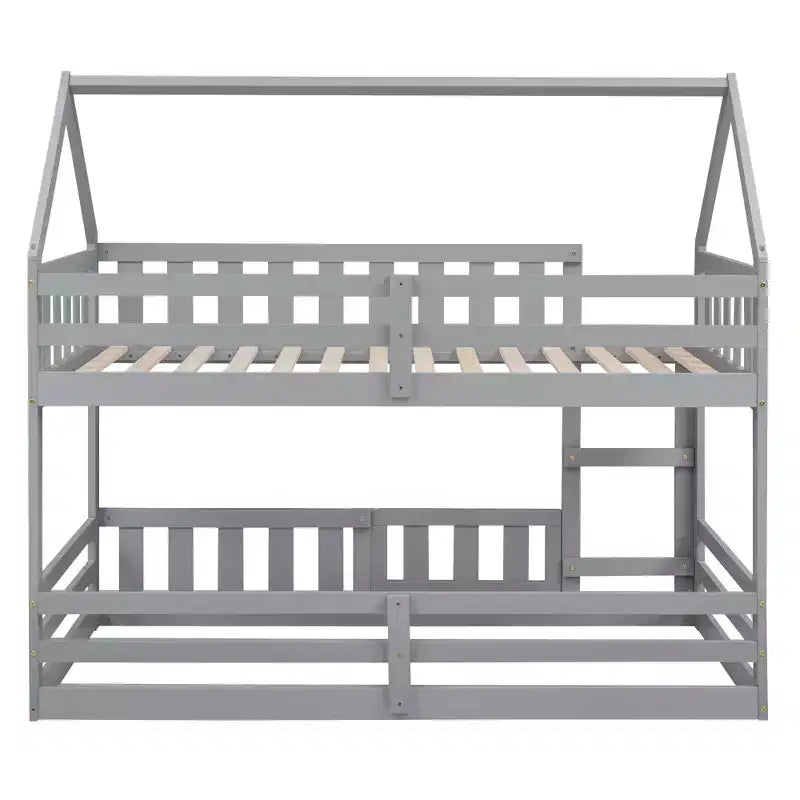 Whisen Wood Twin over Twin House-Shaped Bunk Bed with Fence with Door and Ladder
