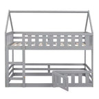 Whisen Wood Twin over Twin House-Shaped Bunk Bed with Fence with Door and Ladder