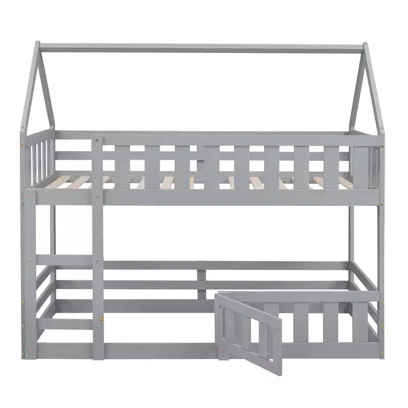 Whisen Wood Twin over Twin House-Shaped Bunk Bed with Fence with Door and Ladder