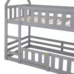 Whisen Wood Twin over Twin House-Shaped Bunk Bed with Fence with Door and Ladder