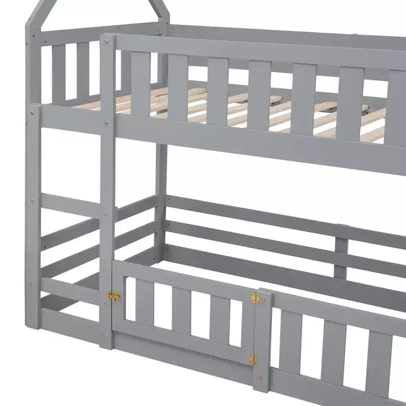 Whisen Wood Twin over Twin House-Shaped Bunk Bed with Fence with Door and Ladder