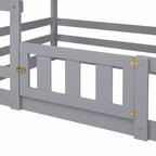 Whisen Wood Twin over Twin House-Shaped Bunk Bed with Fence with Door and Ladder
