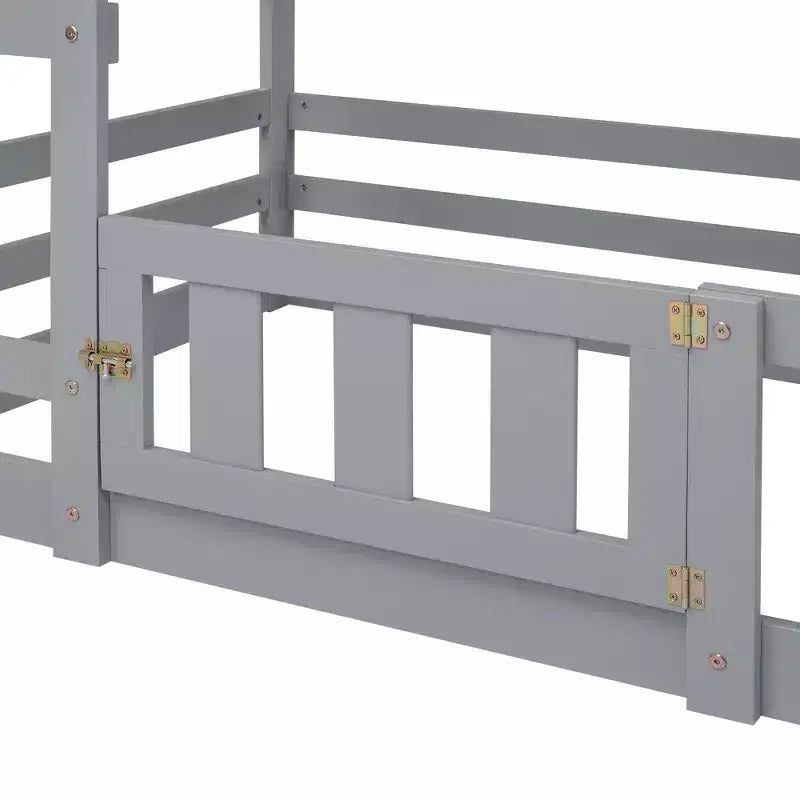 Whisen Wood Twin over Twin House-Shaped Bunk Bed with Fence with Door and Ladder