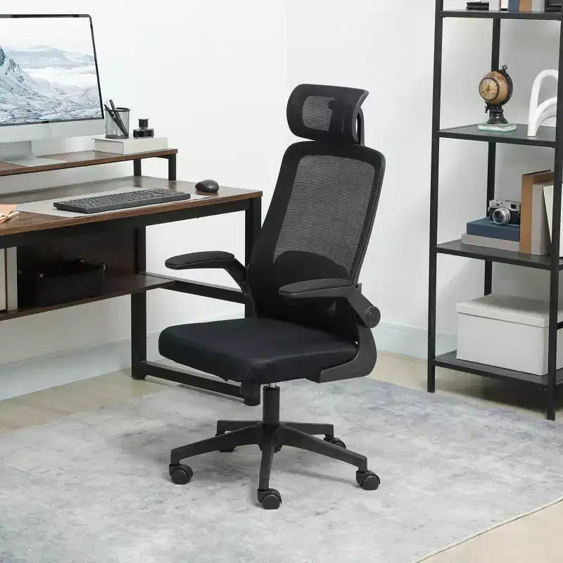 HOMCOM Ergonomic Office Chair with Flip-up Armrest, Adjustable Headrest and Lumbar Support, Mesh Desk Chair for Home Office