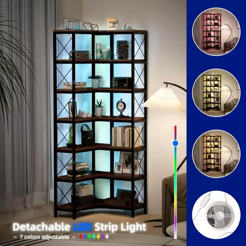 7-Tier Corner Bookshelf with LED Light Strips IF076