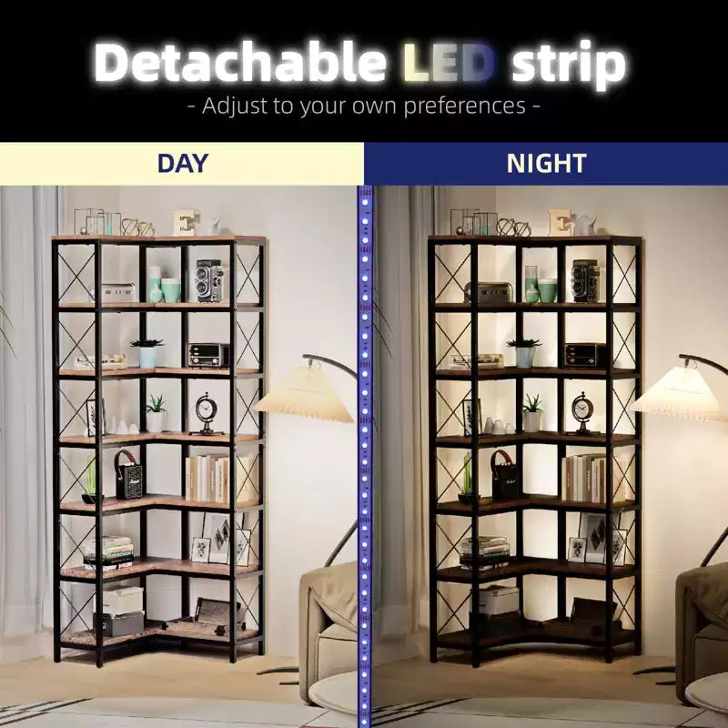 7-Tier Corner Bookshelf with LED Light Strips IF076