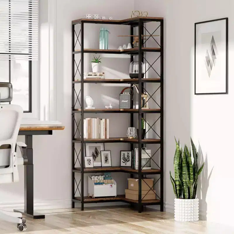 7-Tier Corner Bookshelf with LED Light Strips IF076