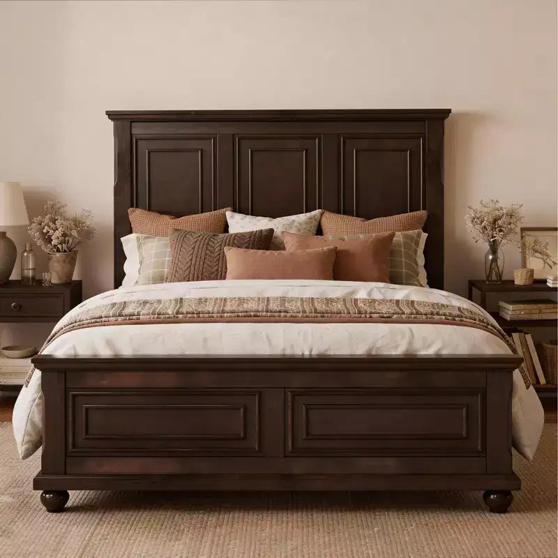 Queen/King Size Platform Bed with Tall Headboard, Vintage Pinewood Bed Frame, Traditional Style - ModernLuxe