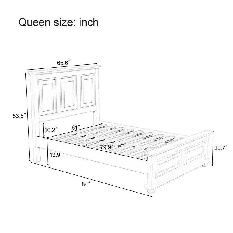 Queen/King Size Platform Bed with Tall Headboard, Vintage Pinewood Bed Frame, Traditional Style - ModernLuxe