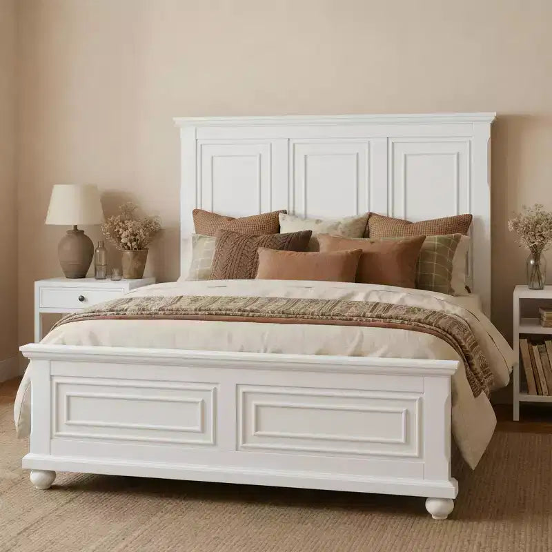 Queen/King Size Platform Bed with Tall Headboard, Vintage Pinewood Bed Frame, Traditional Style - ModernLuxe