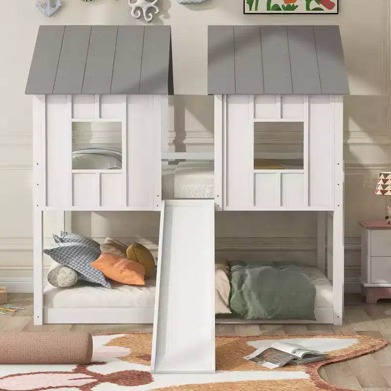 Letto a Castello con Scivolo e Finestre, Modello Casa, Whisen, una Piazza e Mezza - Bianco