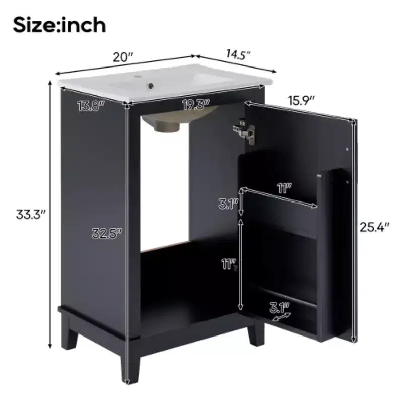 20 inch modern small bathroom storage cabinet, dressing table with ceramic basin, ample storage space