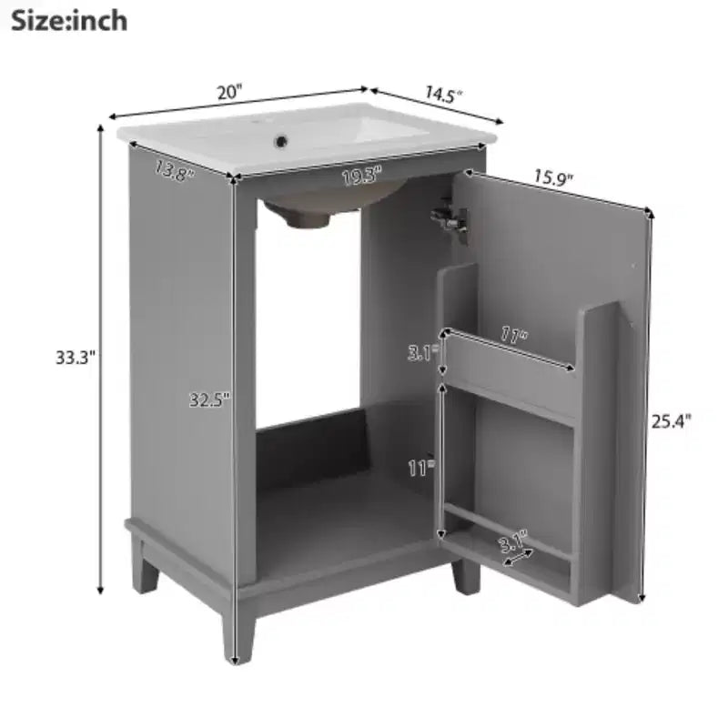 20 inch modern small bathroom storage cabinet, dressing table with ceramic basin, ample storage space