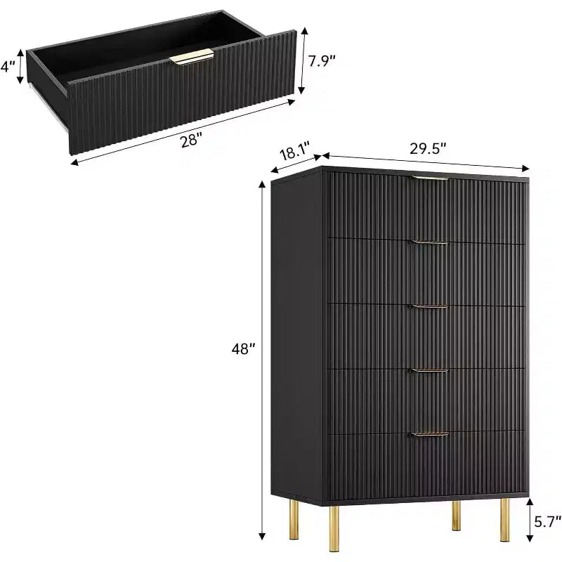 Modern 5 Drawer Dresser for Bedroom with Gold Handle and Large Drawer, Wood Double Chest of Drawers and Storage Organizer