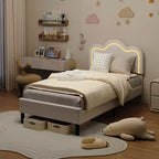 Telaio letto matrimoniale singolo imbottito smart LED con testiera Adjustable Hills, piattaforma in pelle PU per bambini, beige