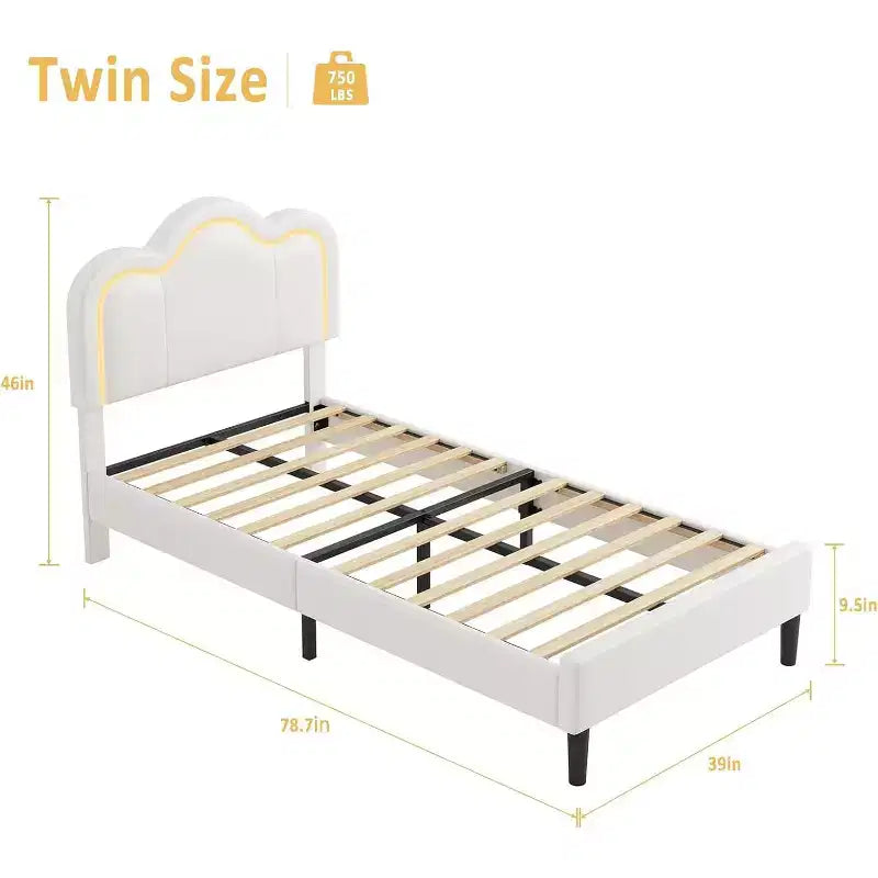 Telaio letto matrimoniale singolo imbottito smart LED con testiera Adjustable Hills, piattaforma in pelle PU per bambini, beige