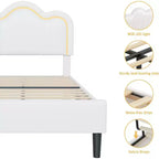 Telaio letto matrimoniale singolo imbottito smart LED con testiera Adjustable Hills, piattaforma in pelle PU per bambini, beige