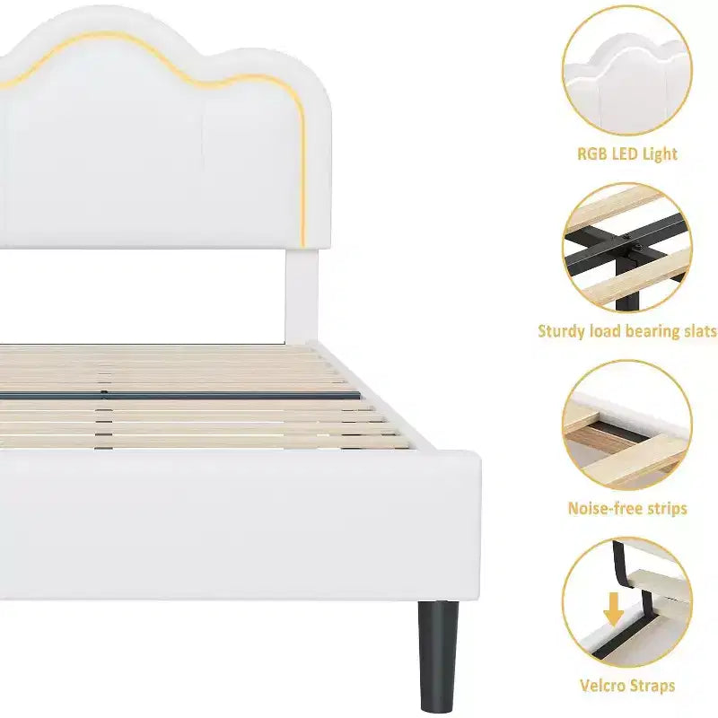 Telaio letto matrimoniale singolo imbottito smart LED con testiera Adjustable Hills, piattaforma in pelle PU per bambini, beige