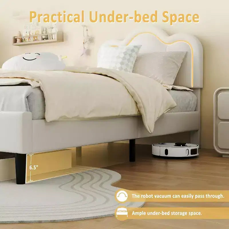 Telaio letto matrimoniale singolo imbottito smart LED con testiera Adjustable Hills, piattaforma in pelle PU per bambini, beige
