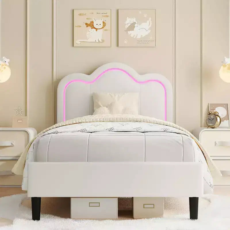 Telaio letto matrimoniale singolo imbottito smart LED con testiera Adjustable Hills, piattaforma in pelle PU per bambini, beige