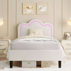 Telaio letto matrimoniale singolo imbottito smart LED con testiera Adjustable Hills, piattaforma in pelle PU per bambini, beige