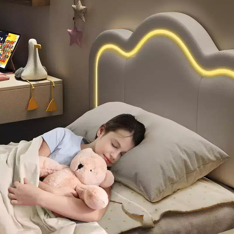 Telaio letto matrimoniale singolo imbottito smart LED con testiera Adjustable Hills, piattaforma in pelle PU per bambini, beige