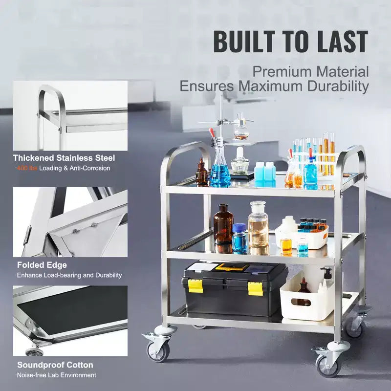 Carrello in acciaio inossidabile VEVOR, carrello di servizio da laboratorio a 3 ripiani con capacità di carico di 181 kg