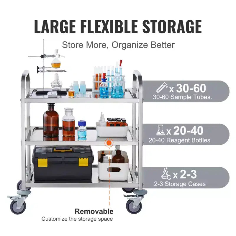 Carrello in acciaio inossidabile VEVOR, carrello di servizio da laboratorio a 3 ripiani con capacità di carico di 181 kg