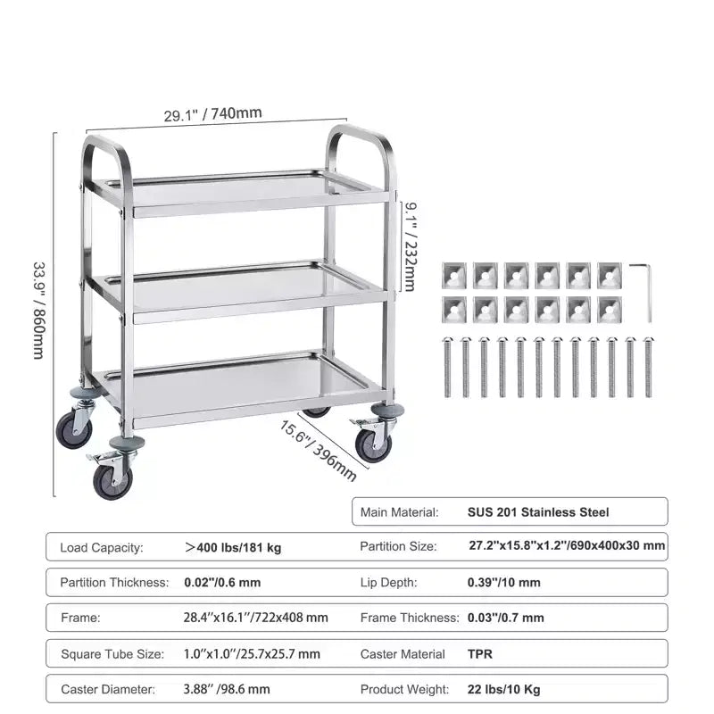 Carrello in acciaio inossidabile VEVOR, carrello di servizio da laboratorio a 3 ripiani con capacità di carico di 181 kg