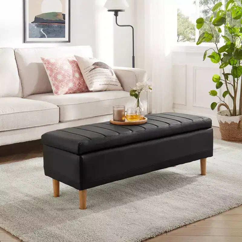 VECELO Modern Soft PU Leather Storage Bench, Ottoman 44 Shoestool with 6.1 Deep Storage Space for Living Room or Bedroom, Easy to Clean, Black