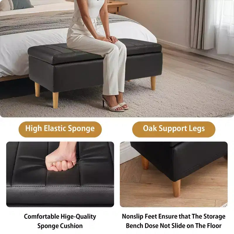 VECELO Modern Soft PU Leather Storage Bench, Ottoman 44 Shoestool with 6.1 Deep Storage Space for Living Room or Bedroom, Easy to Clean, Black