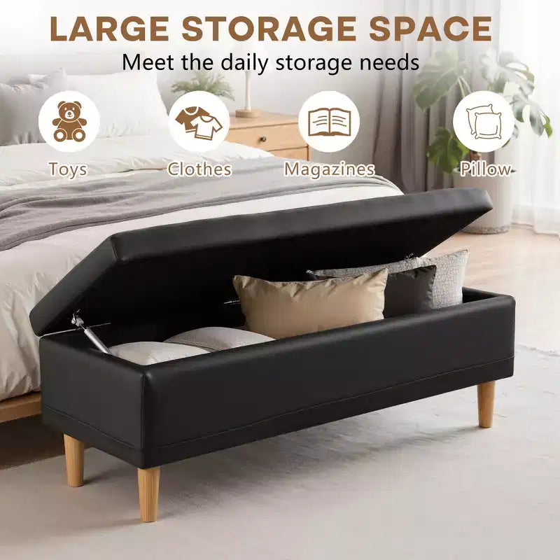 VECELO Modern Soft PU Leather Storage Bench, Ottoman 44 Shoestool with 6.1 Deep Storage Space for Living Room or Bedroom, Easy to Clean, Black