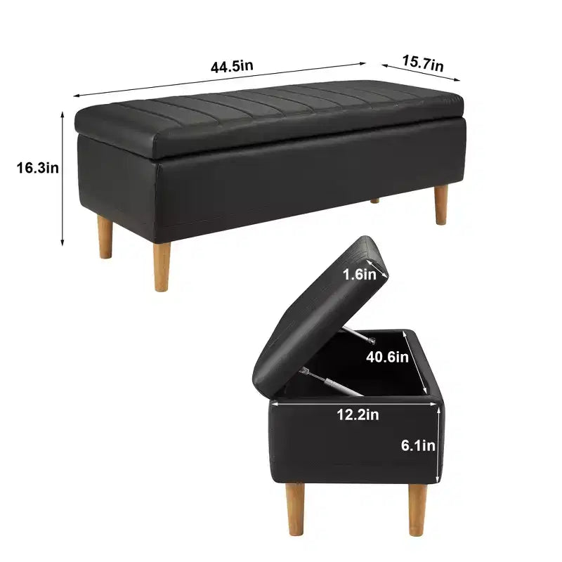 VECELO Modern Soft PU Leather Storage Bench, Ottoman 44 Shoestool with 6.1 Deep Storage Space for Living Room or Bedroom, Easy to Clean, Black