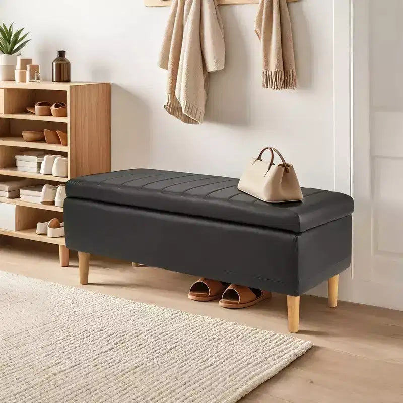 VECELO Modern Soft PU Leather Storage Bench, Ottoman 44 Shoestool with 6.1 Deep Storage Space for Living Room or Bedroom, Easy to Clean, Black