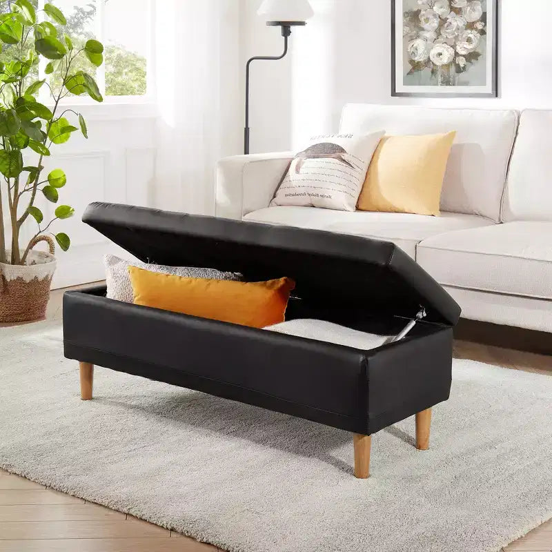 VECELO Modern Soft PU Leather Storage Bench, Ottoman 44 Shoestool with 6.1 Deep Storage Space for Living Room or Bedroom, Easy to Clean, Black
