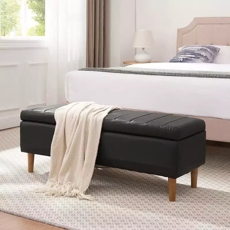 VECELO Modern Soft PU Leather Storage Bench, Ottoman 44 Shoestool with 6.1 Deep Storage Space for Living Room or Bedroom, Easy to Clean, Black