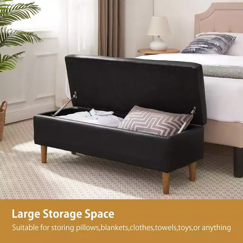 VECELO Modern Soft PU Leather Storage Bench, Ottoman 44 Shoestool with 6.1 Deep Storage Space for Living Room or Bedroom, Easy to Clean, Black