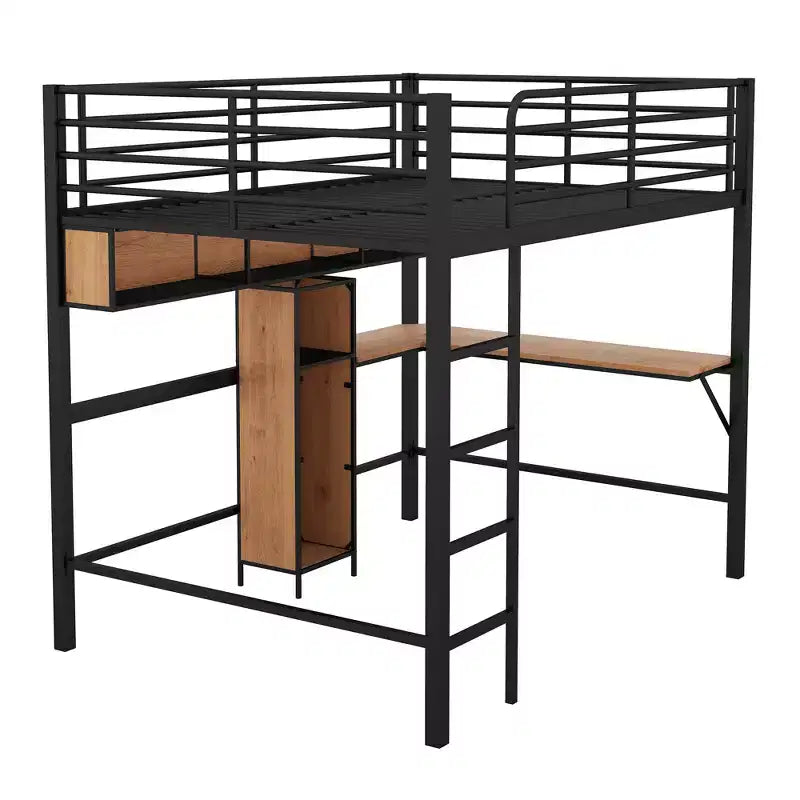 Letto a soppalco full-size con scrivania a L e scaffali, struttura in metallo e legno, nero e marrone - ModernLuxe